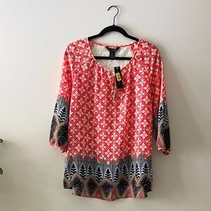 NWT Investments Orange Red Boho Print Lace Back Tunic Top Size S Casual Festival